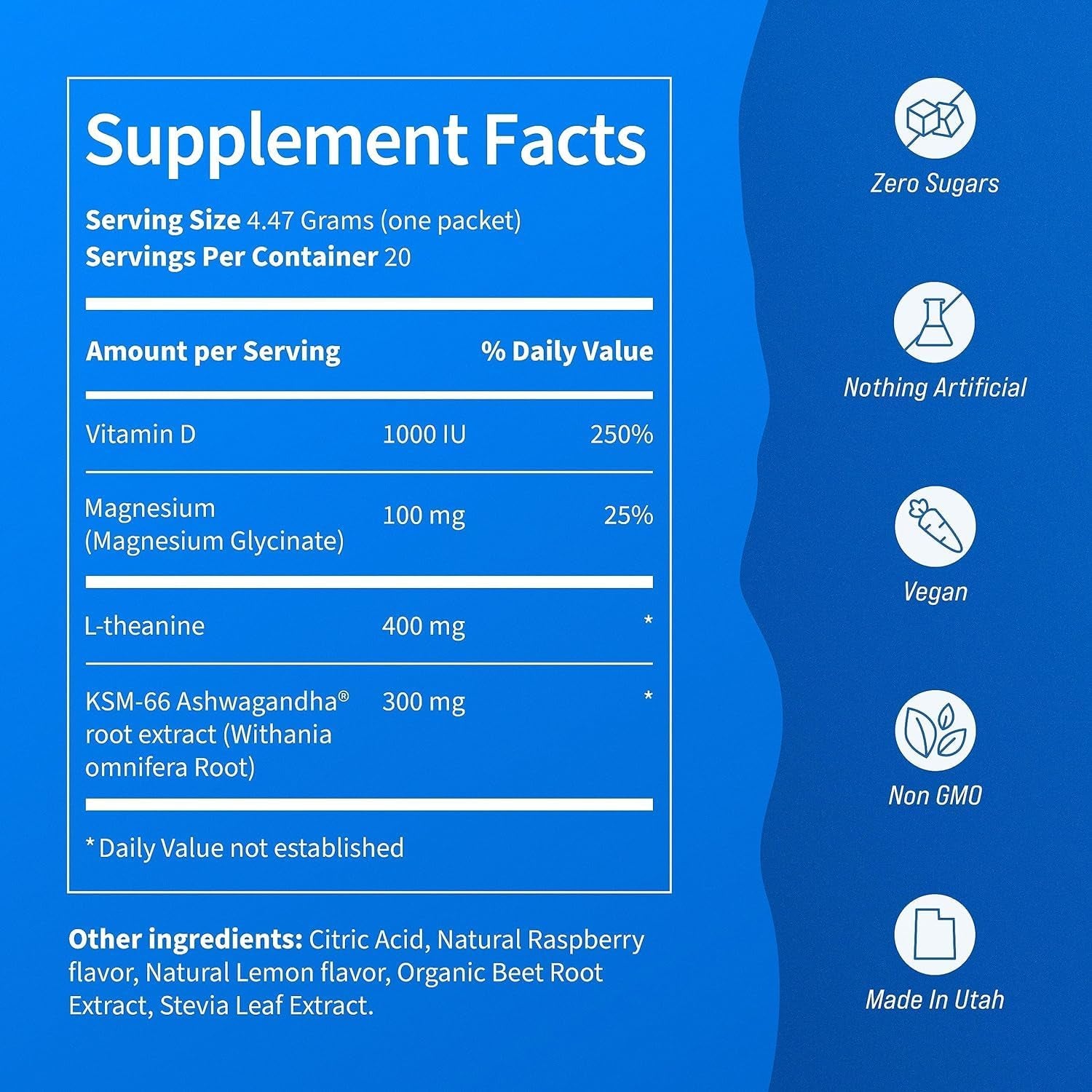 Supercalm Powdered Drink Mix, Raspberry Lemonade, L Theanine, Ksm-66 Ashwagandha, Magnesium Glycinate, Vitamin D 3, Supplements for Relaxation & Focus, No Sugar, Non GMO, on the Go, 20 Ct